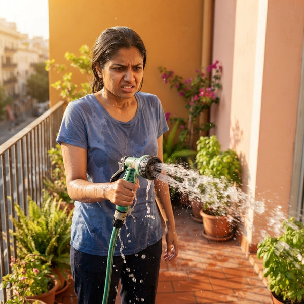 A person on an Indian apartment balcony wearing wet clothes due to a leaking and cracked plastic hose nozzle while watering p