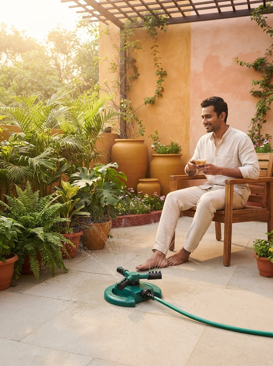 A 3-arm sprinkler watering lush tropical plants on a modern Indian terrace garden with earthy-toned decor.