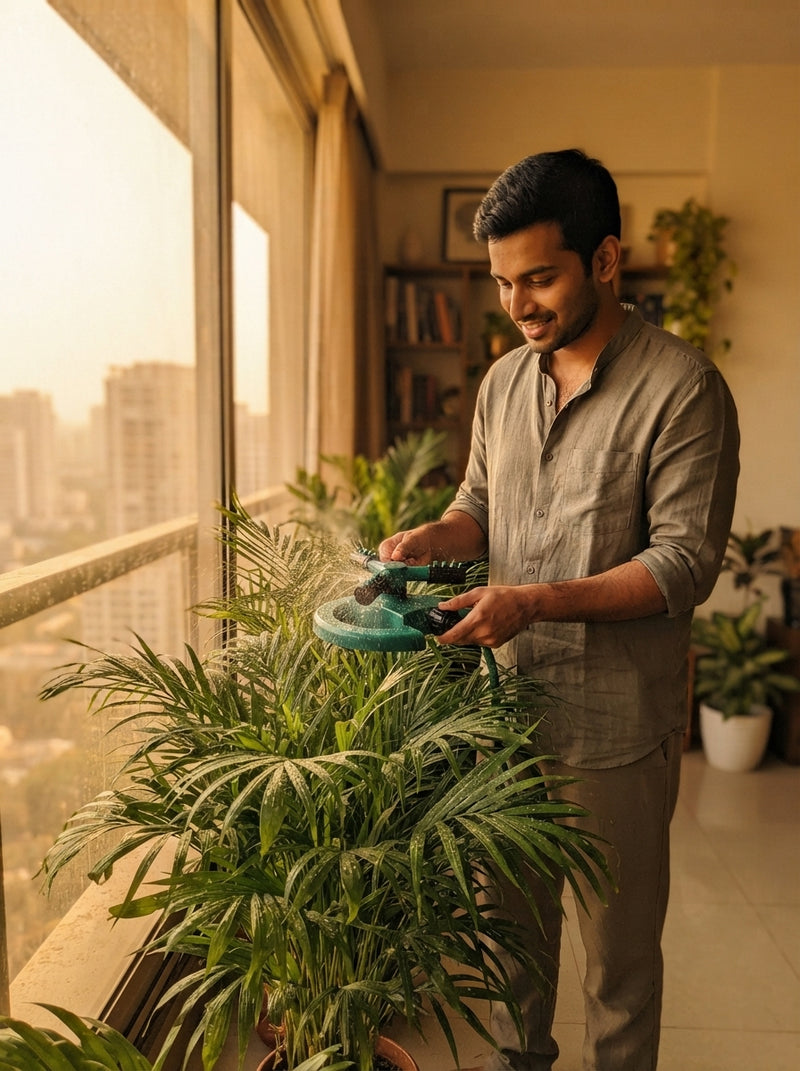 A professional watering indoor palm plants with a rotating sprinkler in a bright Mumbai apartment.