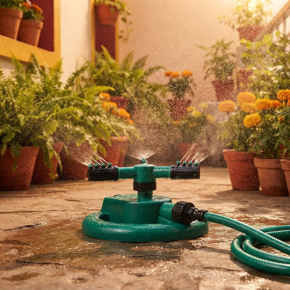 A 3-arm rotating water sprinkler spraying a mist of water in a lush, sunlit balcony garden with potted plants.