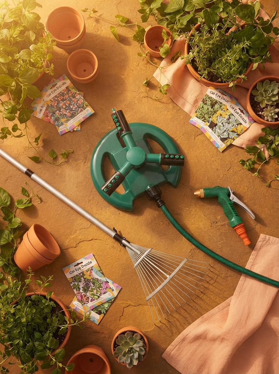 A curated flat-lay of professional gardening tools including a sprinkler, rake, and spray gun on a warm-toned surface.